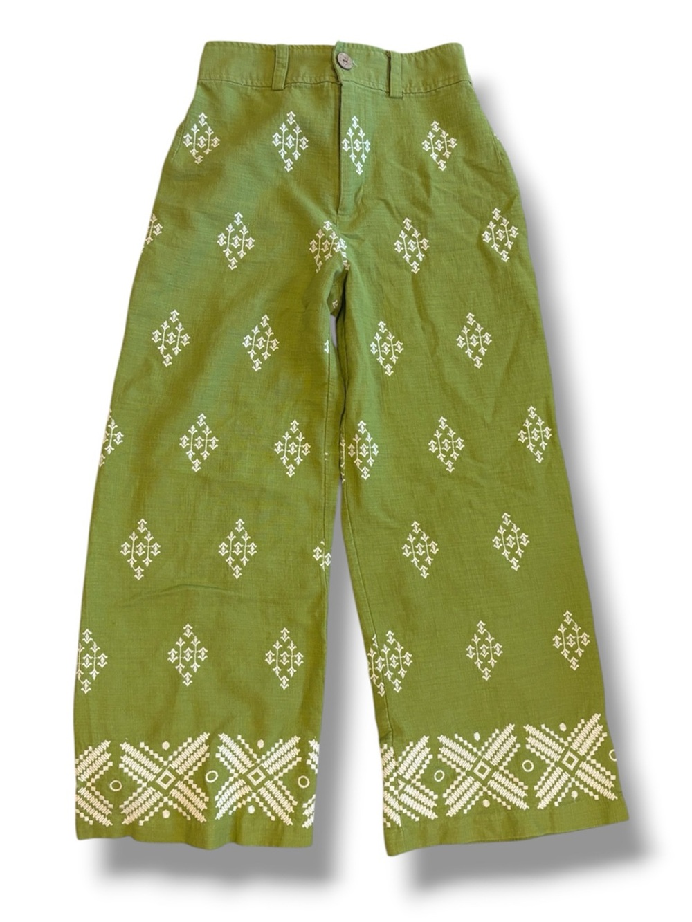 CALYPSO St. Barth Embroidered Linen Blend Wide Leg Pants Green XS Boho